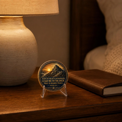 Gold-toned medallion coin on clear acrylic stand on a wooden shelf
