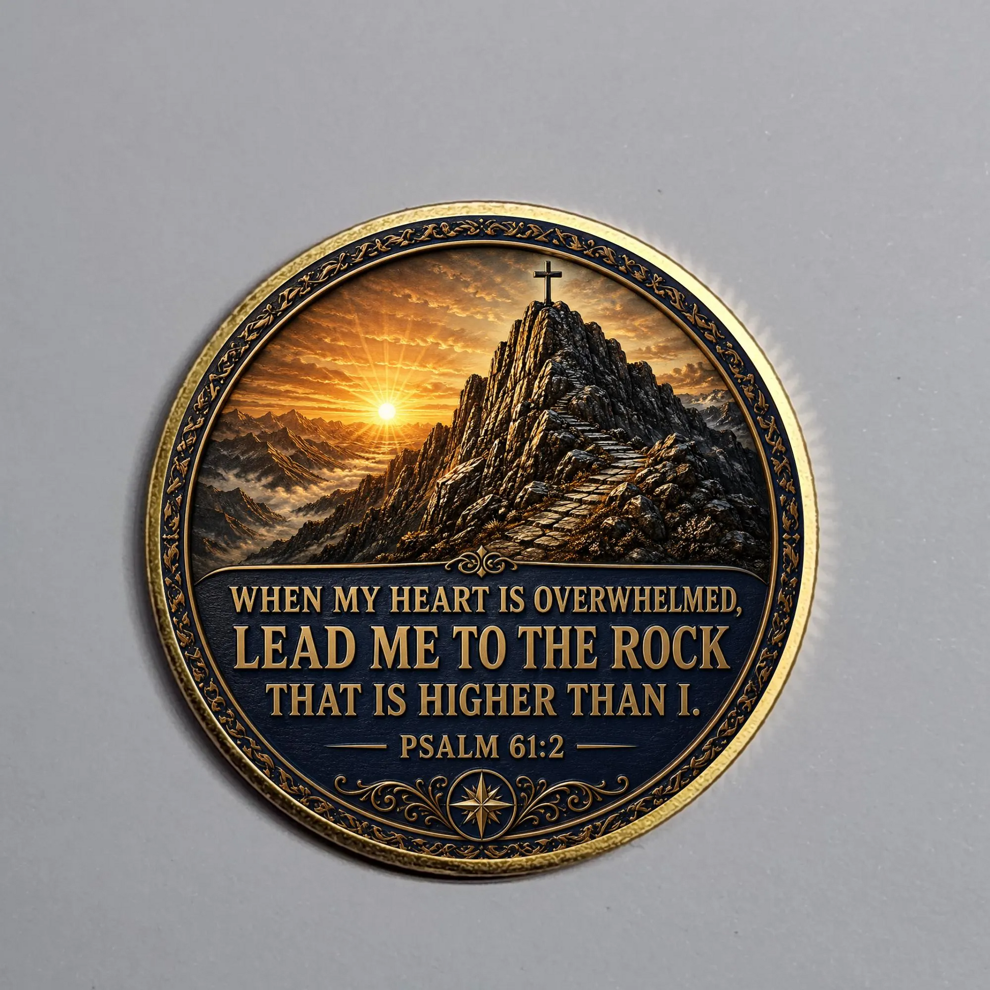 Gold-toned medallion coin with mountain scene and Psalm 61:2 text