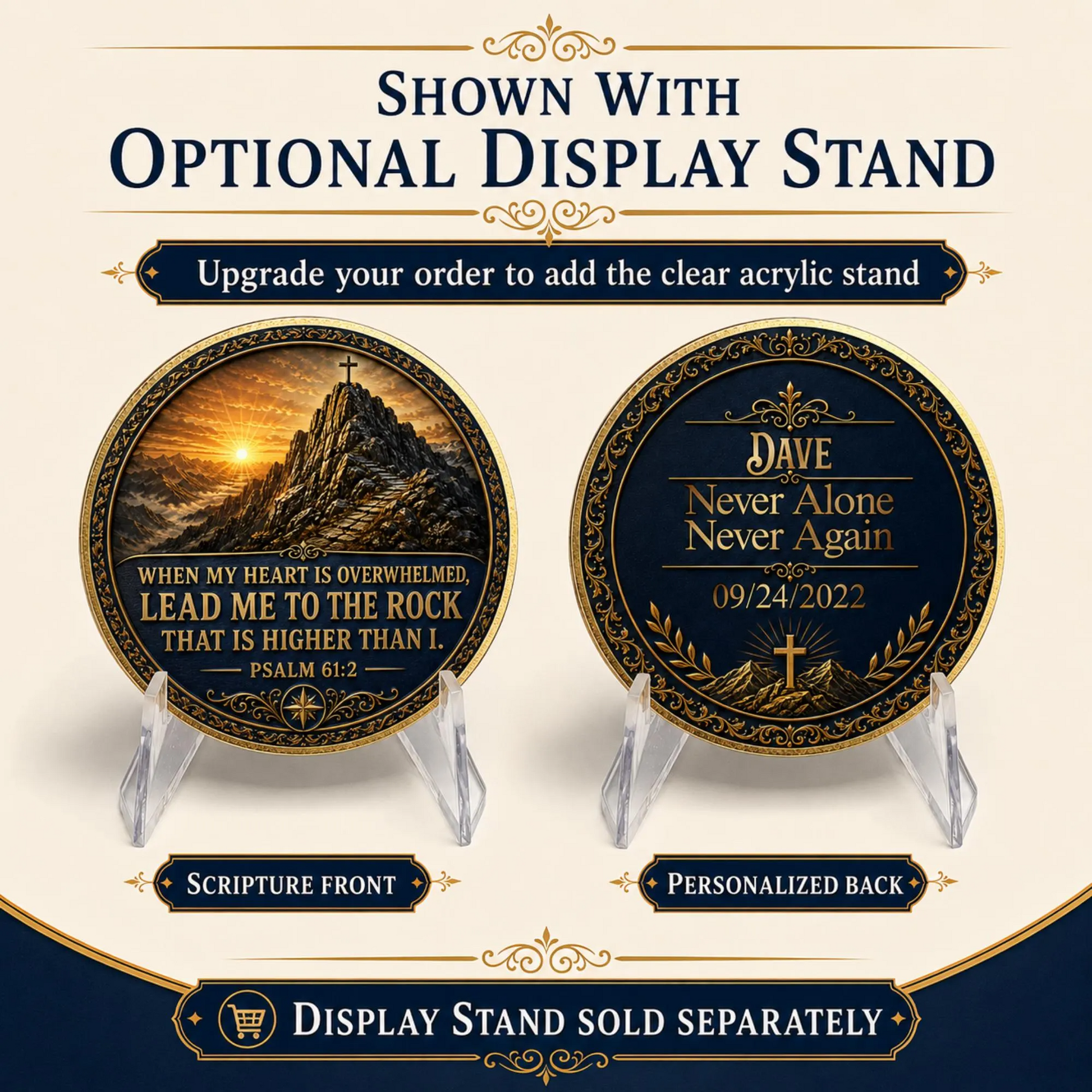Two-sided sobriety medallion coin: landscape scripture front and personalized blue back, on stand