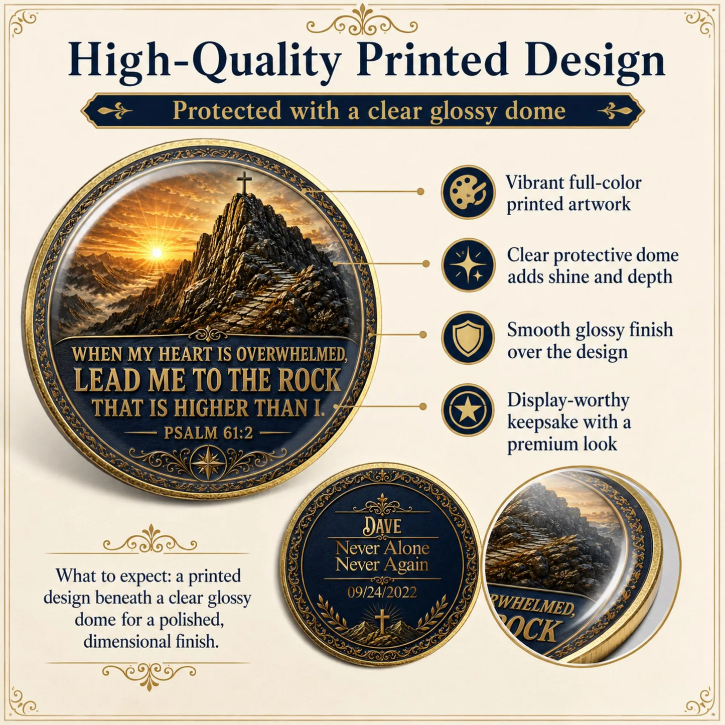 Sobriety medallion coin design with glossy dome look over printed landscape and blue back