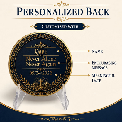 Circular sobriety medallion coin with dark blue center, gold ornate border, on clear stand