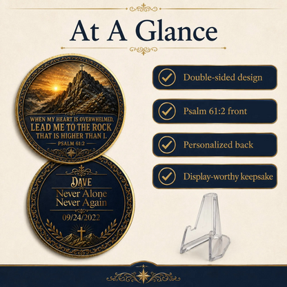Two-sided gold-toned medallion coin with clear acrylic display stand