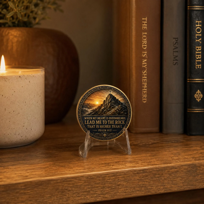 Gold-toned sobriety medallion coin on clear acrylic display stand