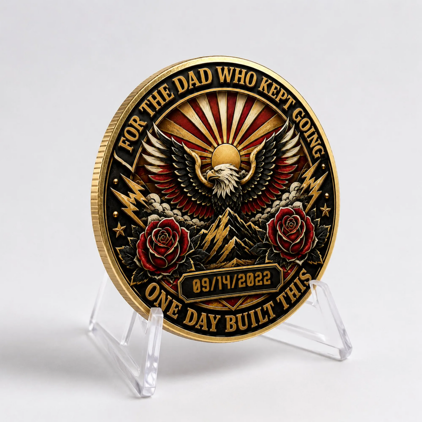 Recovery medallion coin with eagle, roses, and date 09/14/2022 on clear stand