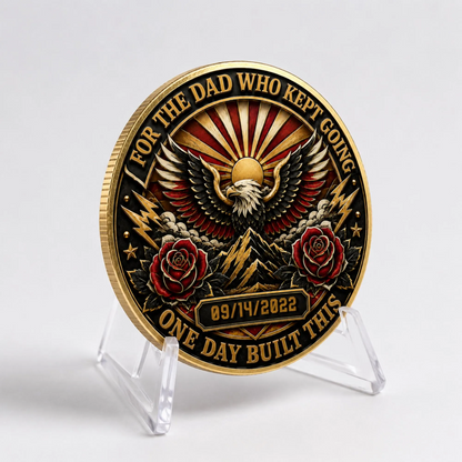 Recovery medallion coin with eagle, roses, and date 09/14/2022 on clear stand