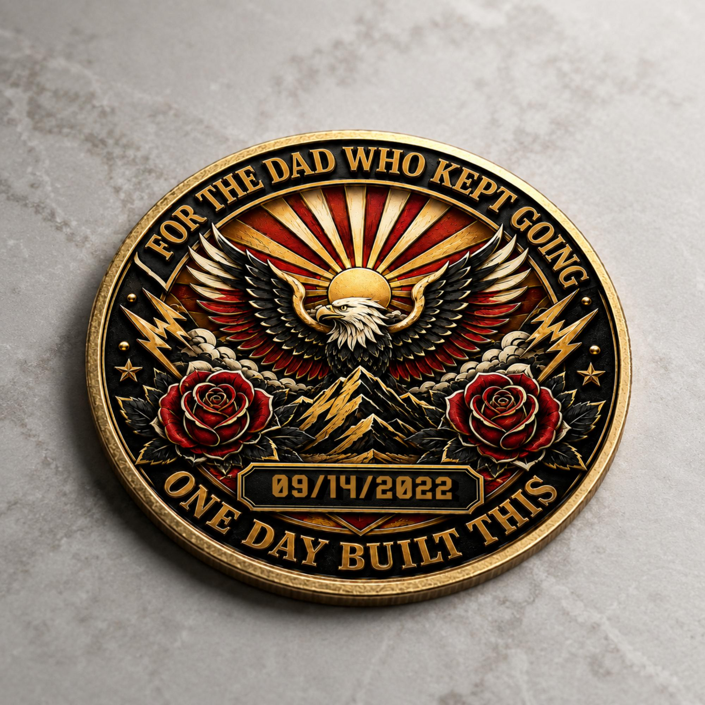Gold recovery coin medallion featuring central eagle, red roses, and date 09/14/2022