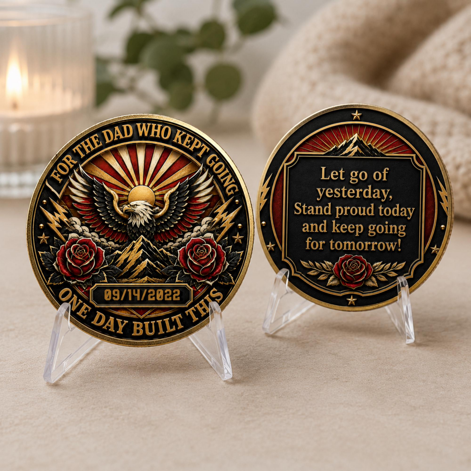 Recovery medallion coin set: front eagle and date, back message on clear display stands
