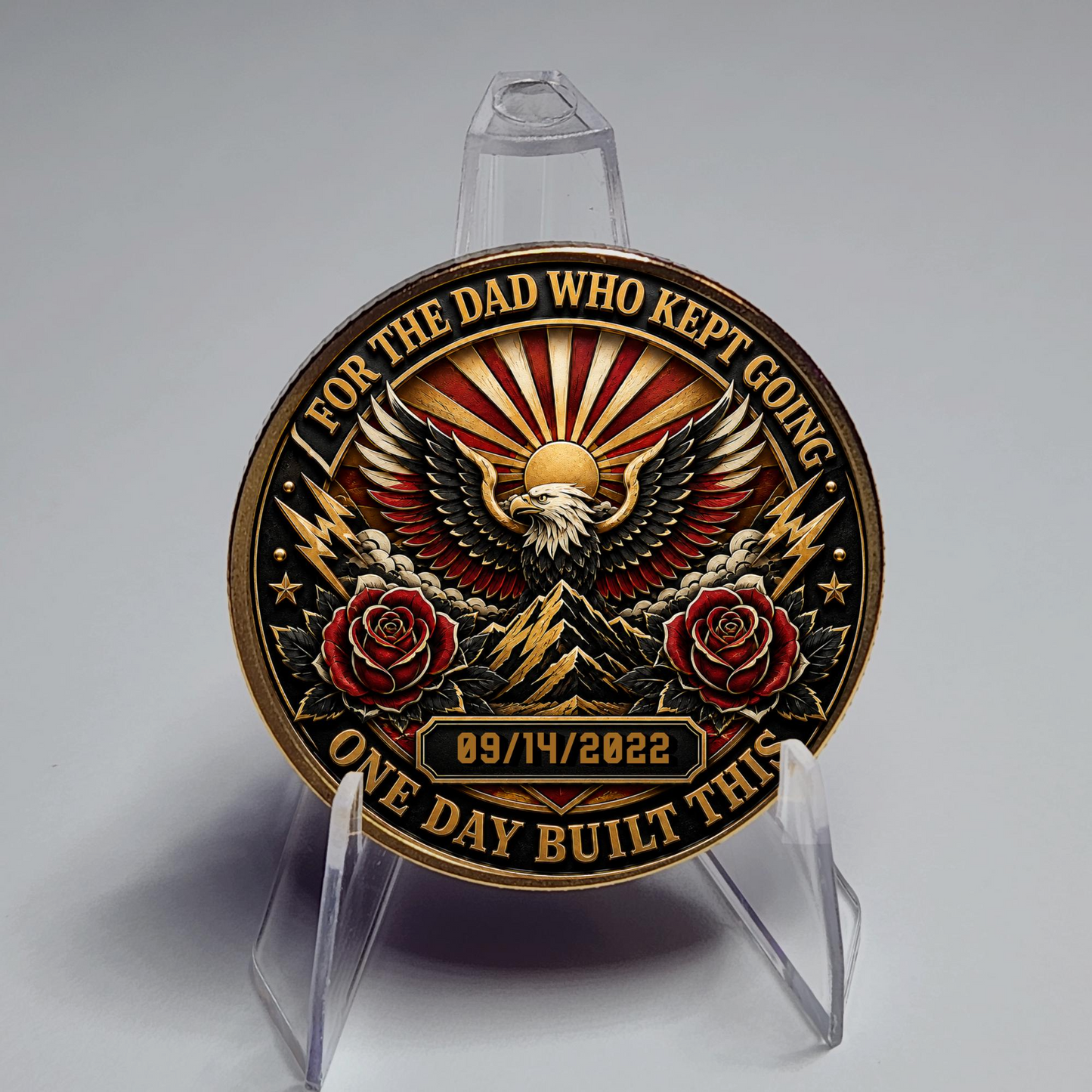 Recovery medallion coin with eagle wings, roses, date 09/14/2022, on clear plastic stand