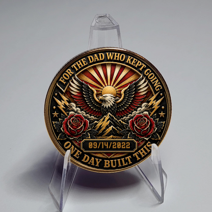 Recovery medallion coin with eagle wings, roses, date 09/14/2022, on clear plastic stand
