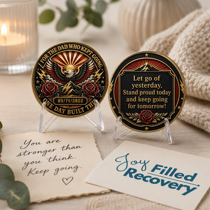 Gold recovery coin medallion set on clear stands with eagle design and custom message