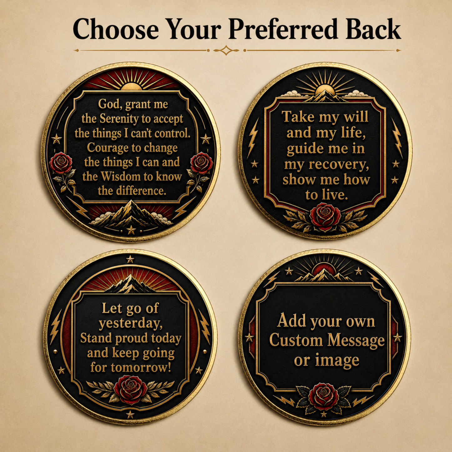 Four gold recovery coin back designs with prayers and custom message text in black