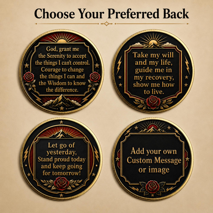 Four gold recovery coin back designs with prayers and custom message text in black