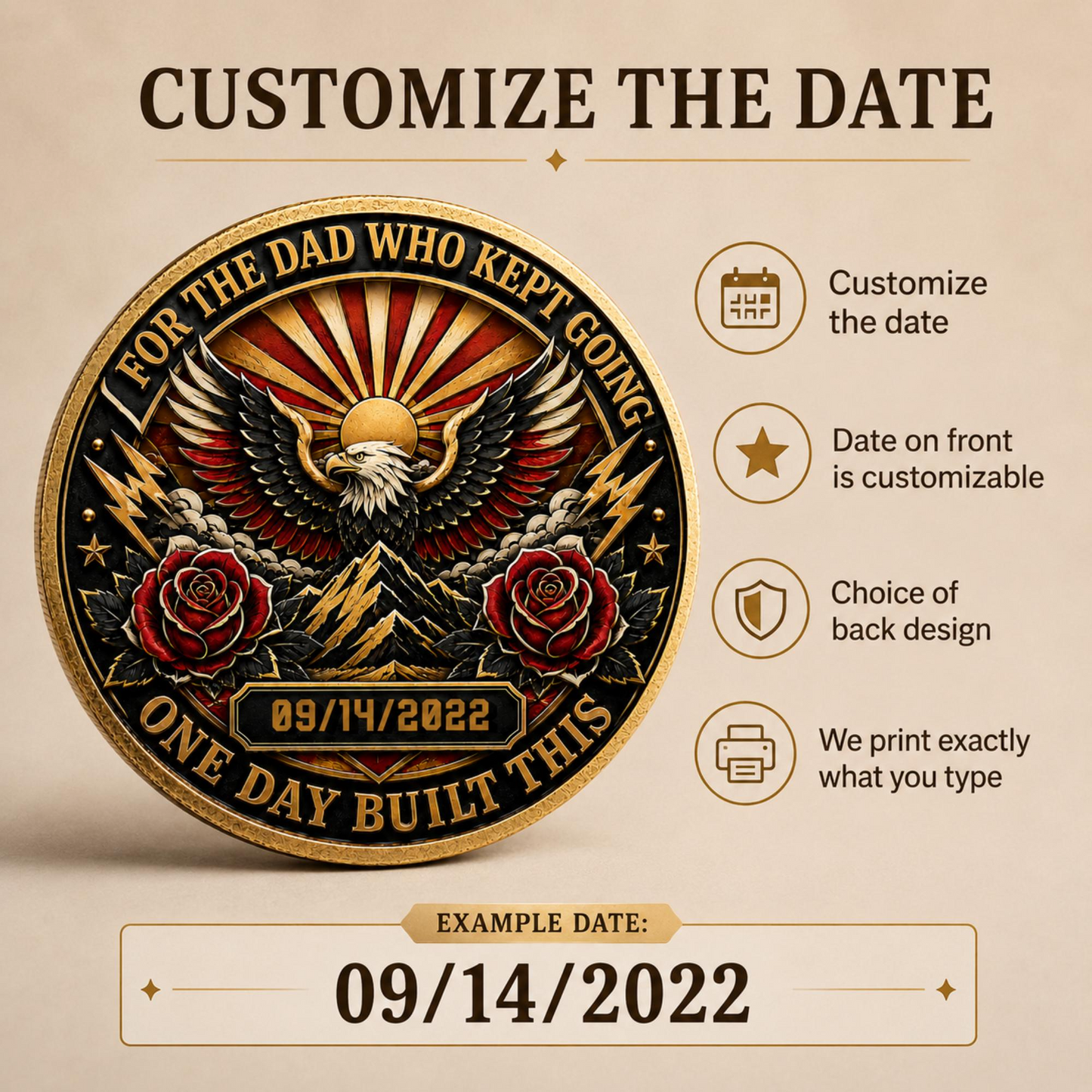 Recovery medallion coin showing eagle front design with customizable date 09/14/2022