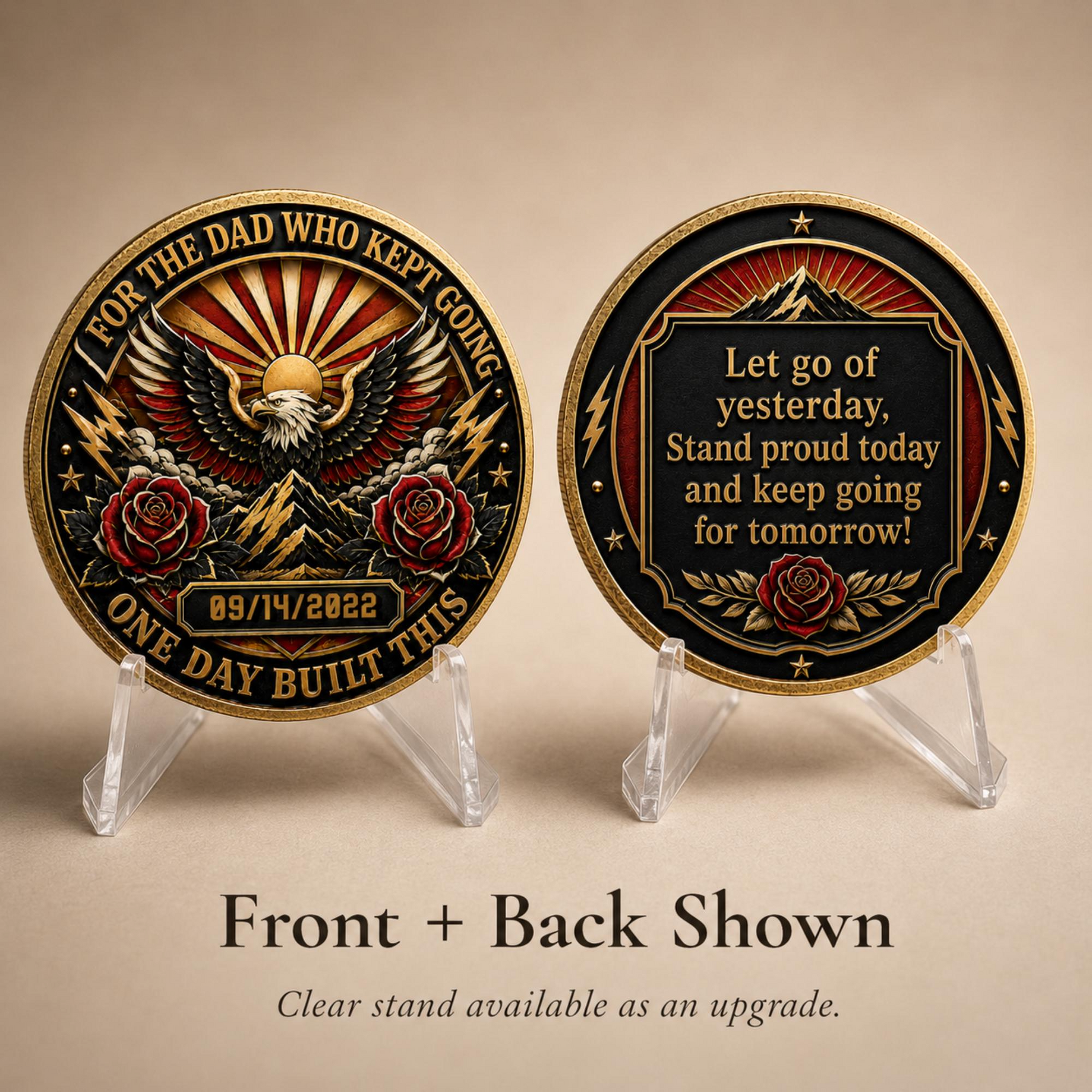 Front and back recovery medallion coins on clear stands, eagle front and quote back