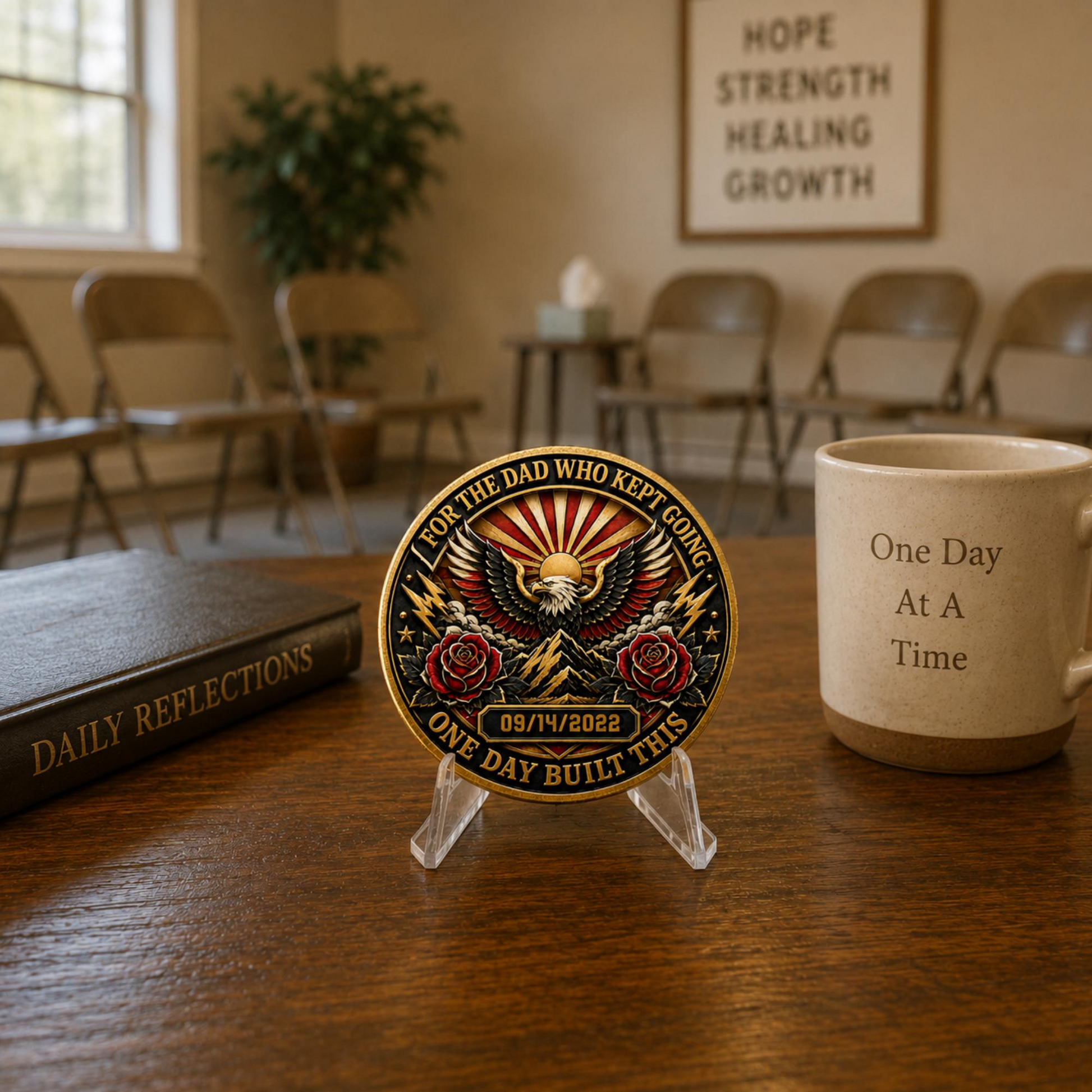Gold recovery coin medallion on clear stand on a table with coffee mug and chairs