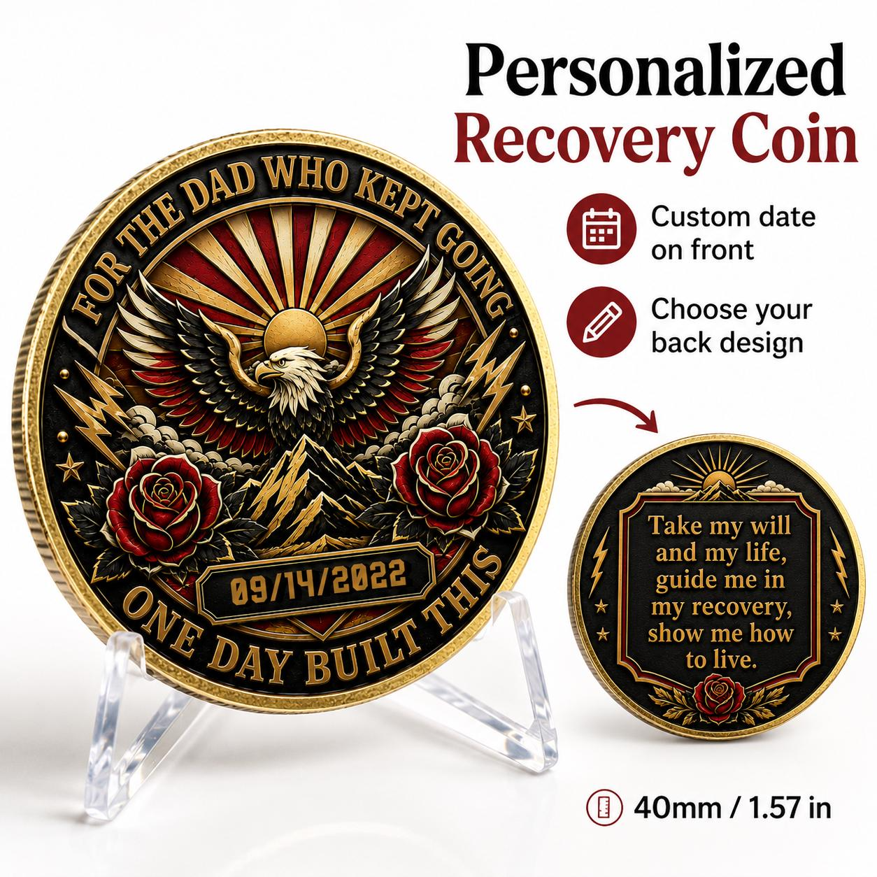 Personalized gold recovery coin medallion with eagle, roses, and date 09/14/2022