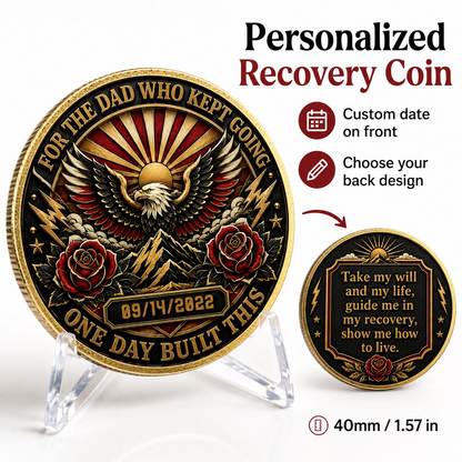 Personalized gold recovery coin medallion with eagle, roses, and date 09/14/2022