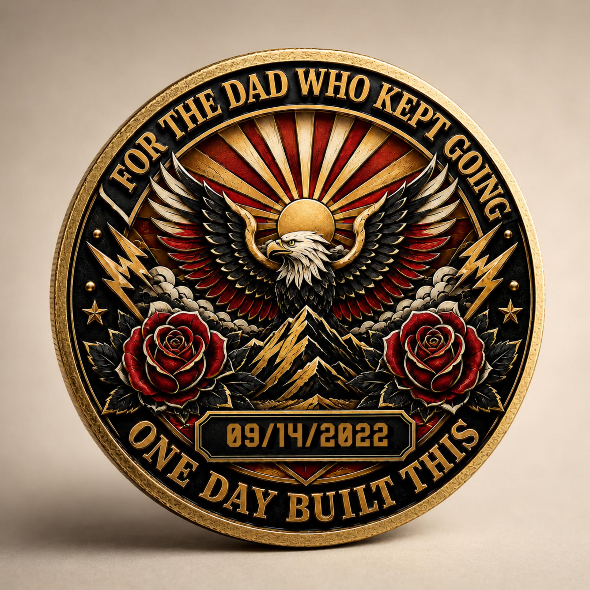 Close-up gold recovery coin medallion with eagle, red roses, and date 09/14/2022
