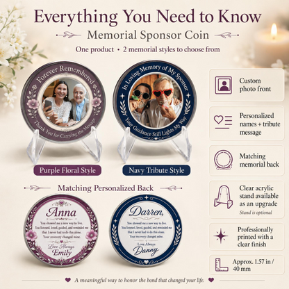 Memorial sponsor coin styles shown with matching personalized memorial back and stand