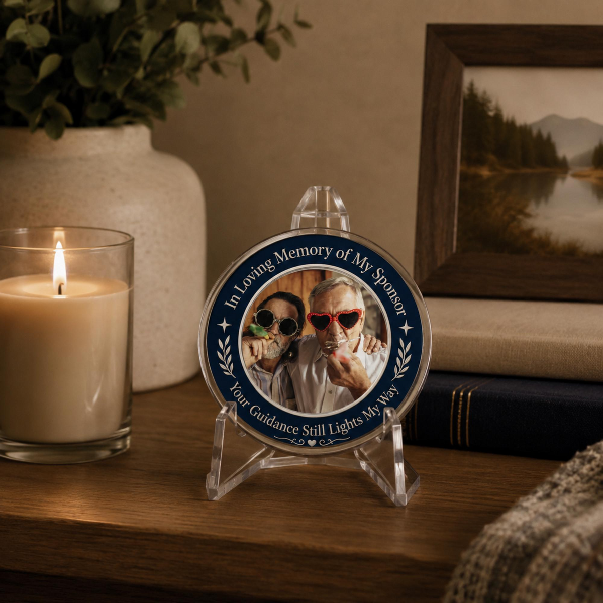 Memorial sponsor coin with photo tribute on clear acrylic stand, navy-style design