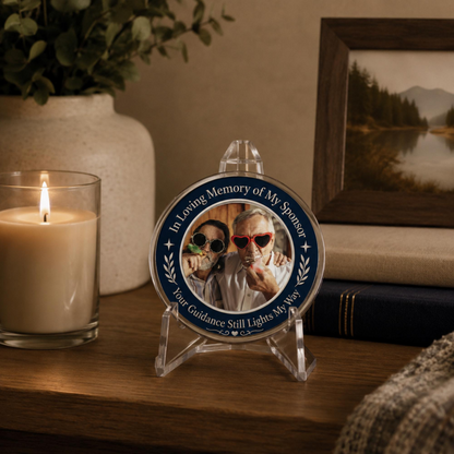 Memorial sponsor coin with photo tribute on clear acrylic stand, navy-style design