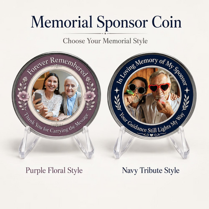 Memorial sponsor coin choose-your-style view: purple floral and navy tribute designs