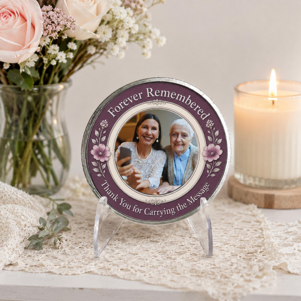 Memorial sponsor coin on clear acrylic stand, purple floral design with photo portrait