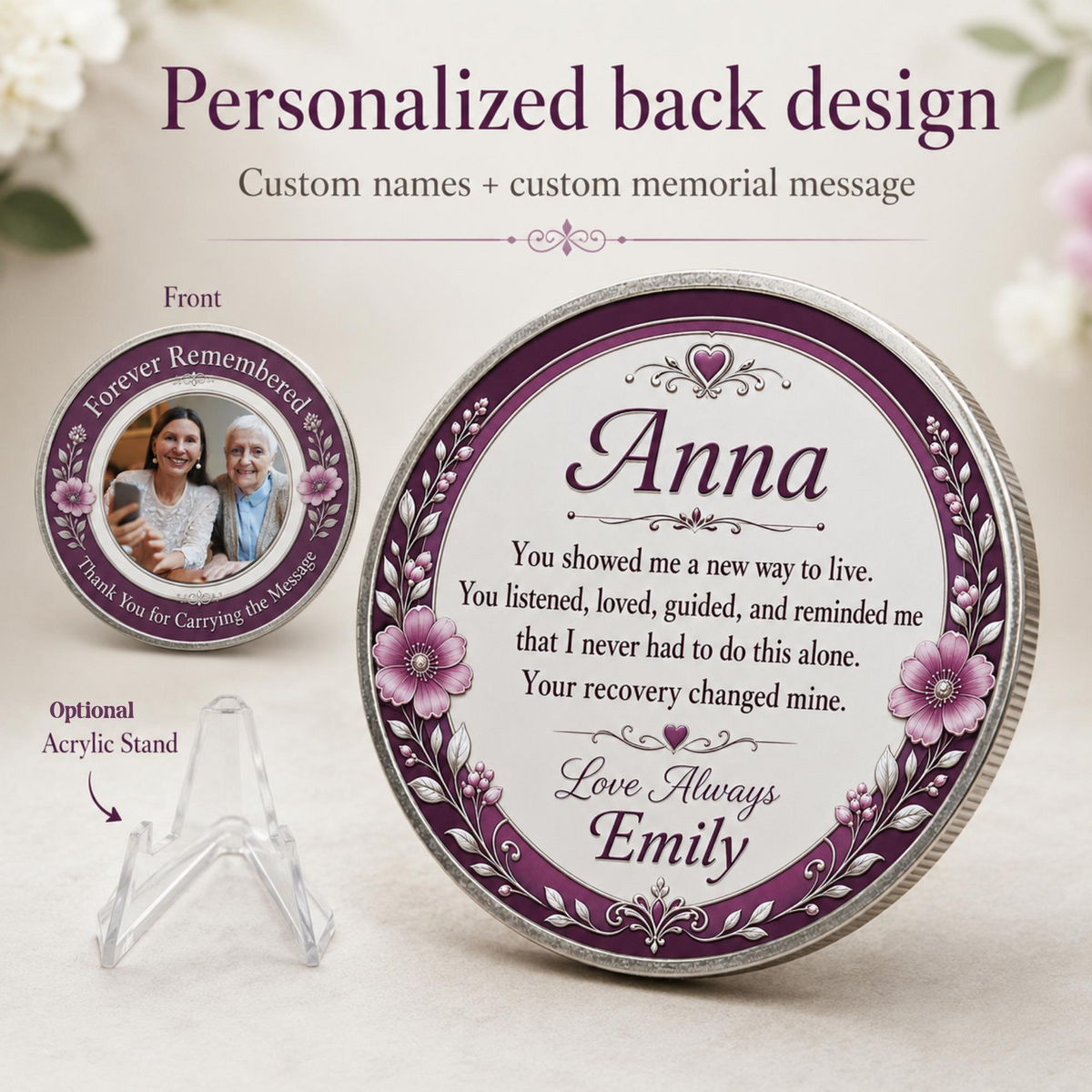 Personalized memorial sponsor coin, purple floral border with custom names and message