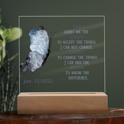 Wooden base serenity prayer display with clear panel, blue butterfly, and custom date text