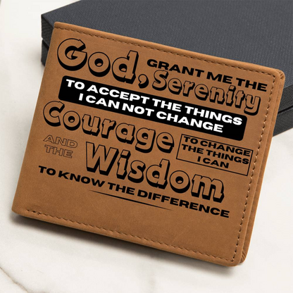 Tan leather wallet close-up with bold printed sobriety wording and date
