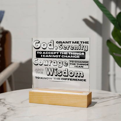 LED serenity prayer plaque with printed God Serenity text and wooden base