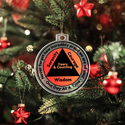 Round sobriety date ornament with orange triangle, Serenity, Wisdom, and 'One Day At A Time'