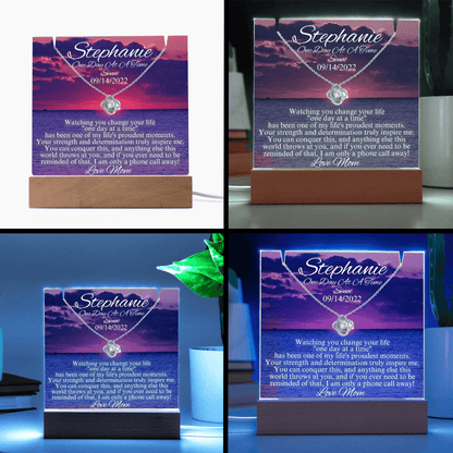 LED sobriety gift set with personalized message card and silver-tone heart pendant necklace on base