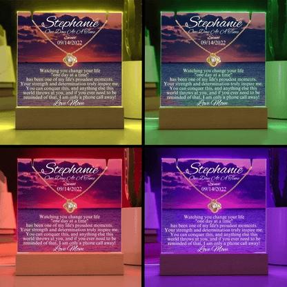 LED sobriety gift set showing personalized message card with light-changing colored display