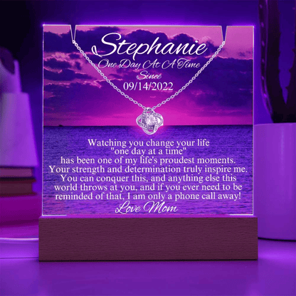 LED sobriety gift set with personalized message card and silver-tone heart pendant necklace