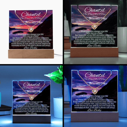 LED sobriety gift with glowing box and gold necklace pendant on two base styles