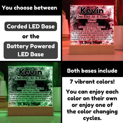 Custom LED sobriety date plaque with corded or battery LED base option, red-lit