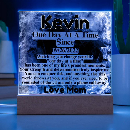 Custom LED sobriety date plaque on wood base, blue-lit, Kevin and One Day At A Time