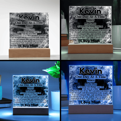 Custom LED sobriety date plaque set preview, wood base with multiple LED colors