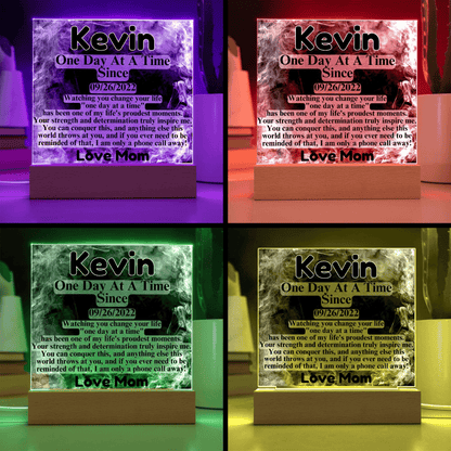 Custom LED sobriety date plaque on wood base, purple-lit, Kevin and Love Mom