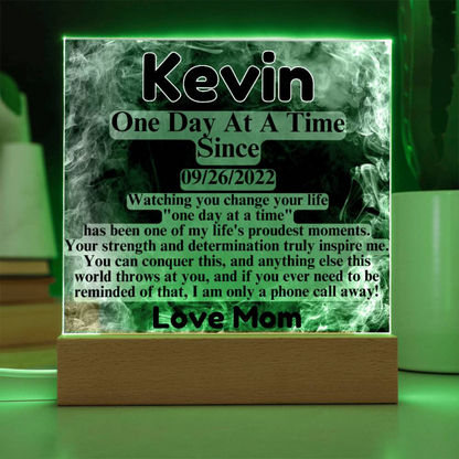 Custom LED sobriety date plaque on wood base, green-lit, Kevin and One Day At A Time