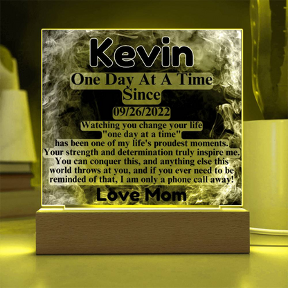 Custom LED sobriety date plaque on wood base, yellow-green glow, Kevin and Love Mom