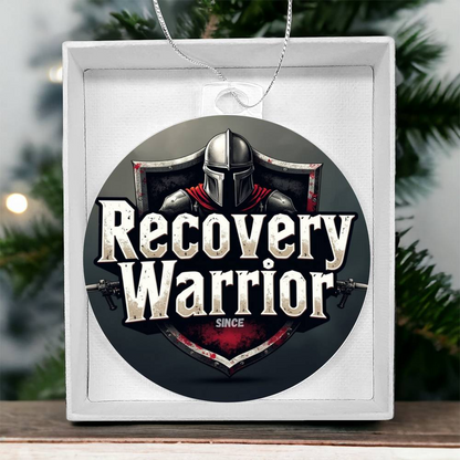Acrylic Recovery Warrior round ornament in white gift box with helmet graphic and date 11/02/22