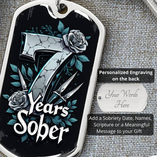 Dog tag keychain with black “Years Sober” front and silver engraved back plate, text prompt.