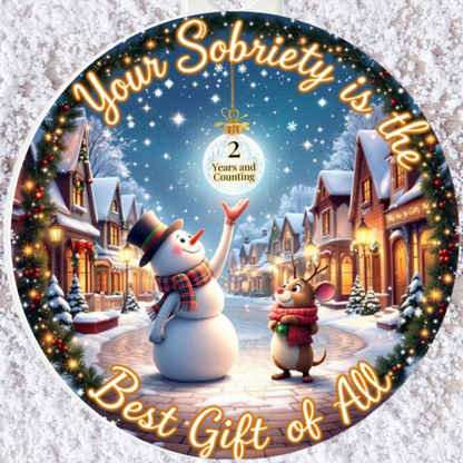 Circular acrylic bulb ornament close-up with snowman and reindeer winter scene and gold lettering