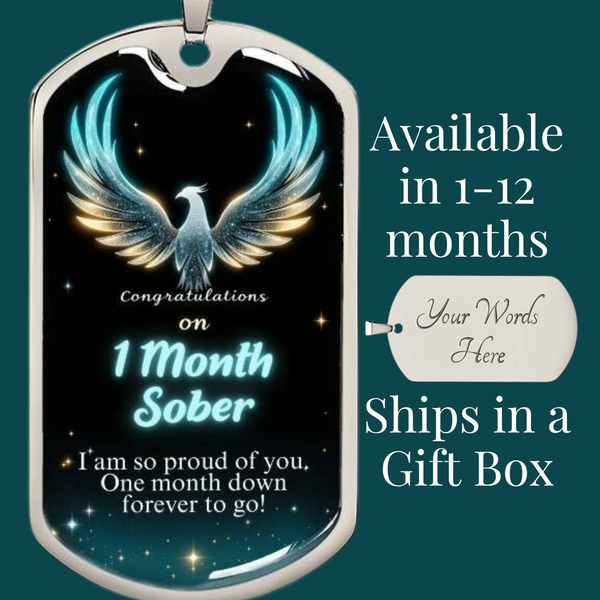 Silver dog tag close-up with blue-and-gold wings, “1 Month Sober” and gift info