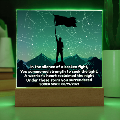 Acrylic LED star map night light with green-lit border and starry map on wood base