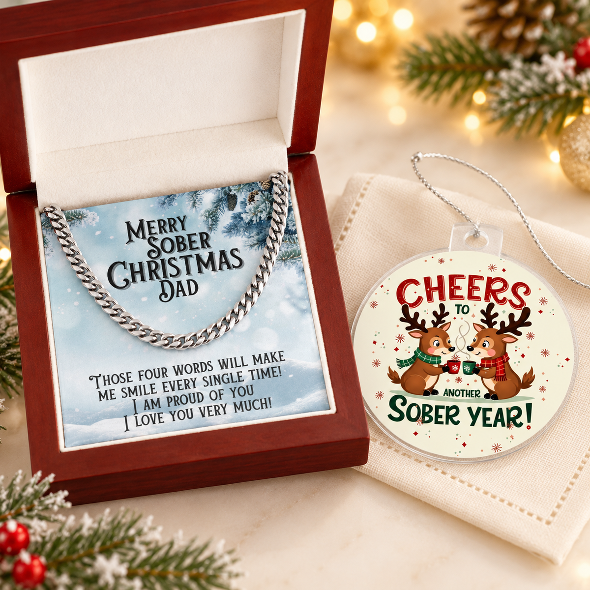 Dad gift set with a silver-tone necklace and a round reindeer Christmas ornament