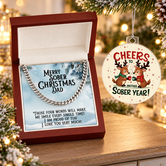Dad gift set with a silver-tone chain necklace in a box and a round Christmas ornament
