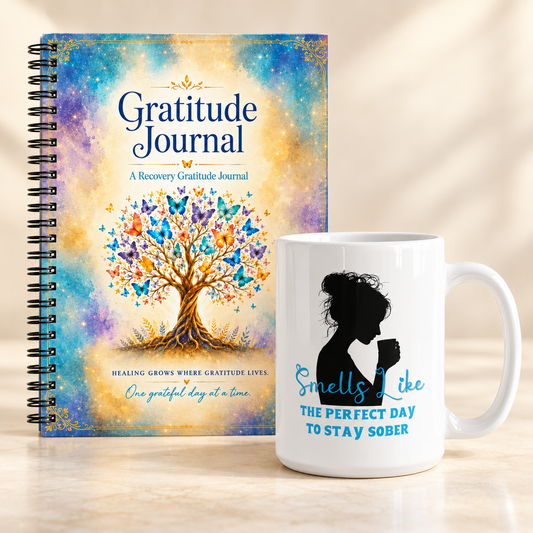 Sobriety gift set with a colorful spiral gratitude journal and white mug with silhouette design